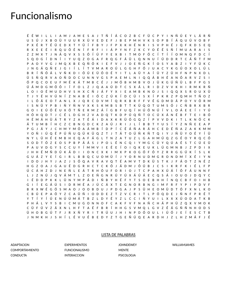 Functionalism word search in Spanish with psychology terms like William James and conducta.