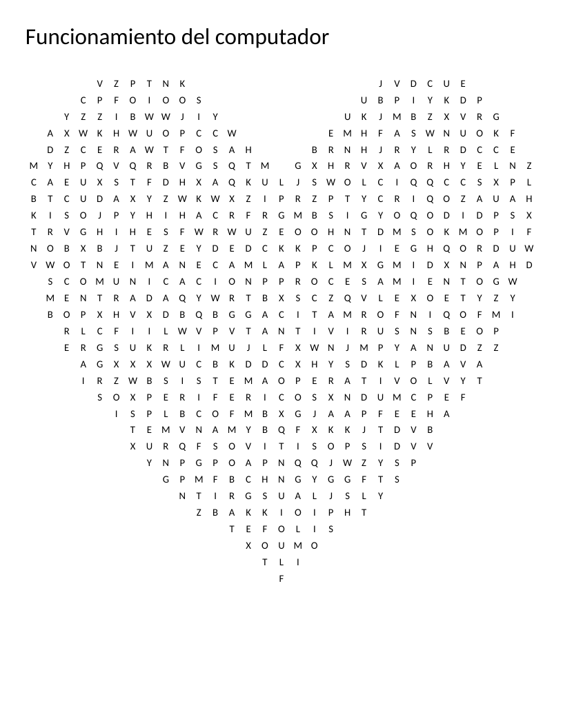 Spanish computer science word search with heart shape, featuring words like monitor, teclado, and hardware.