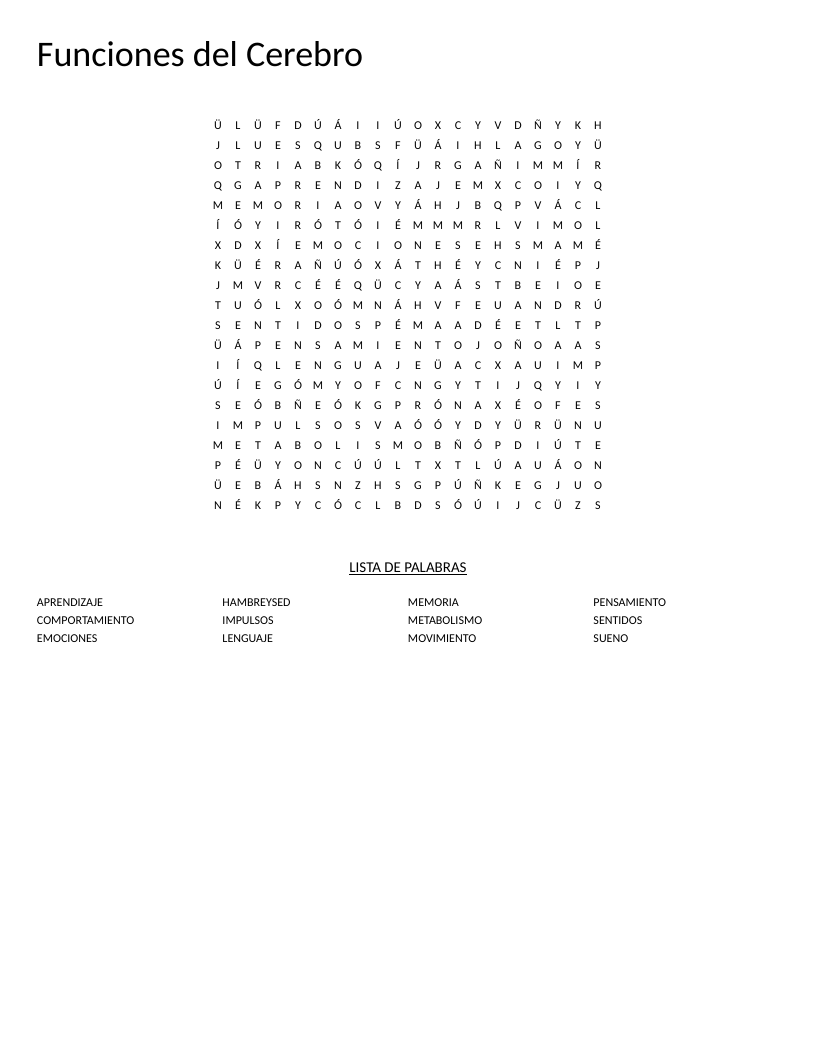 Spanish brain-functions word search with words like memoria, movimiento, and emociones.