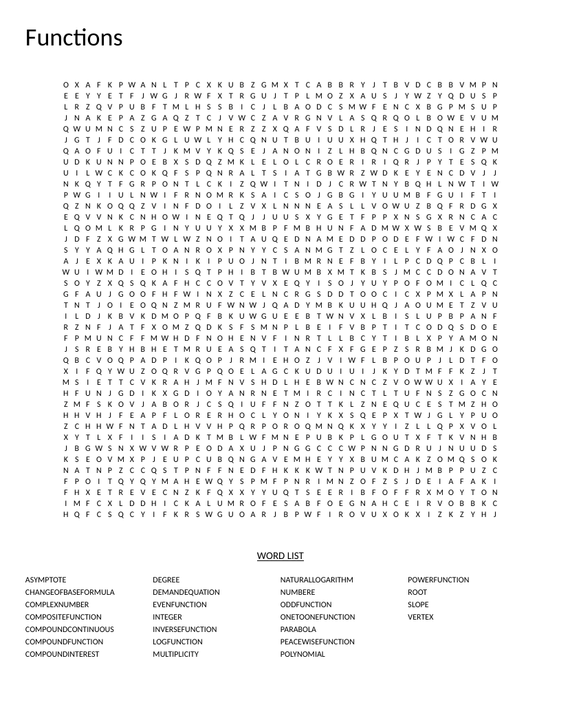 Functions word search with precalculus terms like polynomial, asymptote, and logarithms.