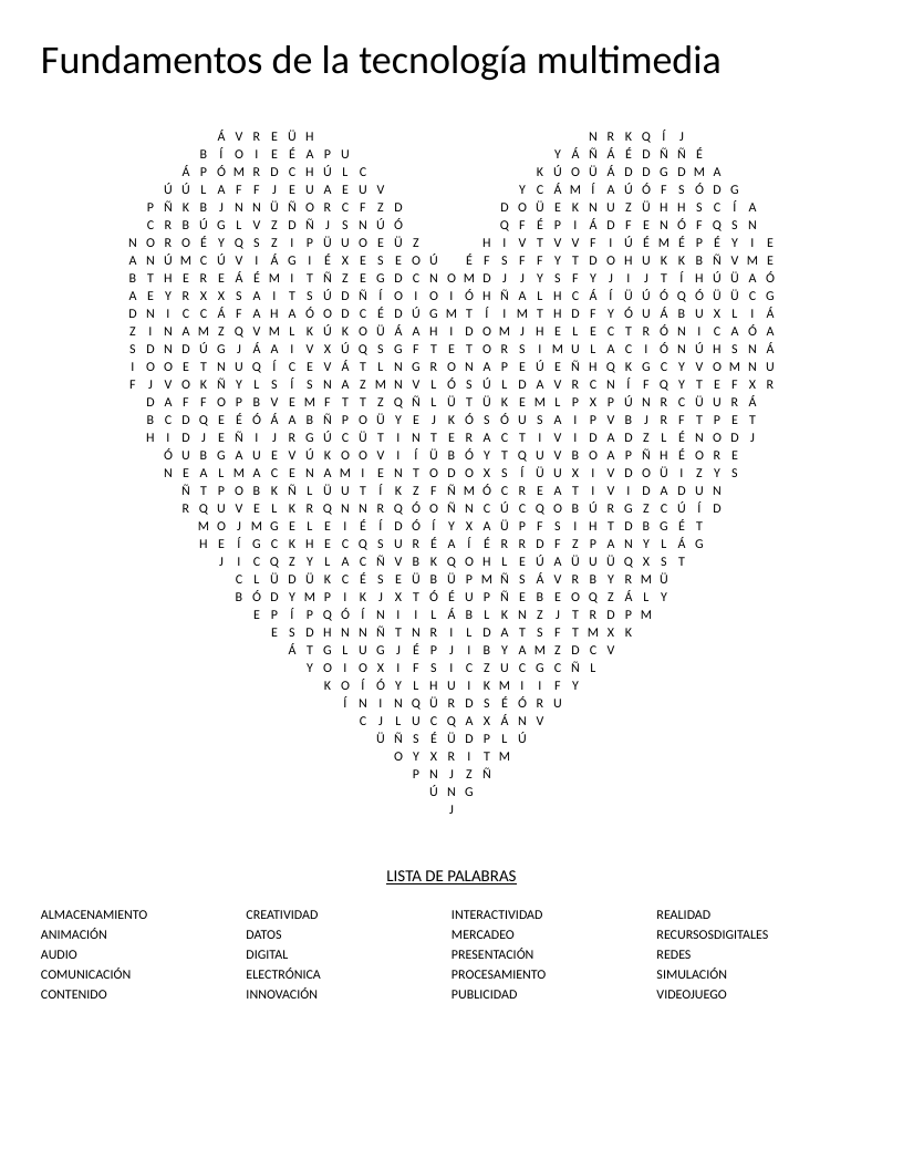Spanish multimedia technology word search with heart shape and words like animación and videojuego.
