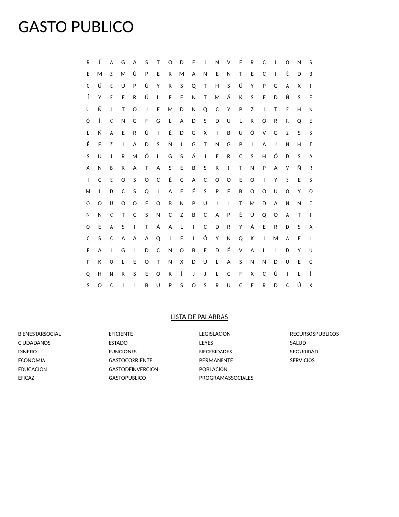 Spanish gasto público word search with government and economics vocabulary including educación and seguridad.