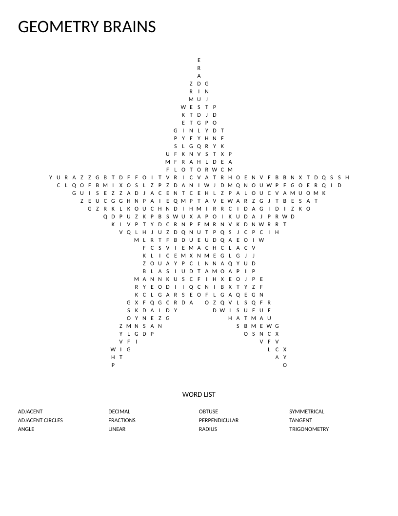 Star-shaped geometry word search with math terms like tangent, perpendicular, and trigonometry.