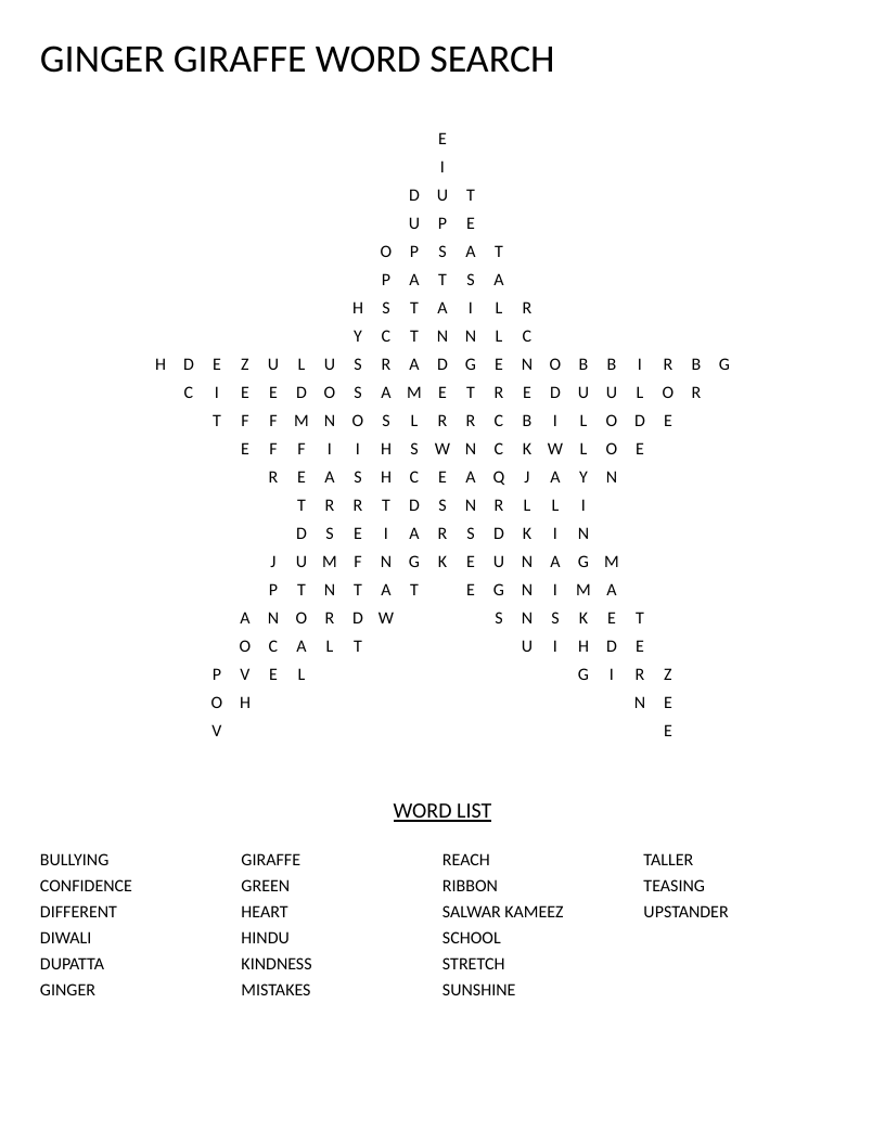 Star-shaped Ginger Giraffe word search with words like kindness, Diwali, and upstander.
