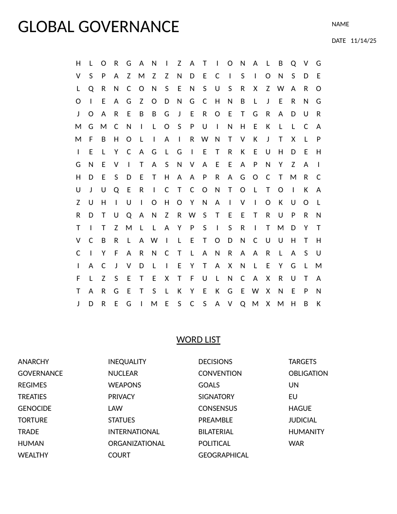 Global governance word search with international law vocabulary including UN, treaties, and human rights.