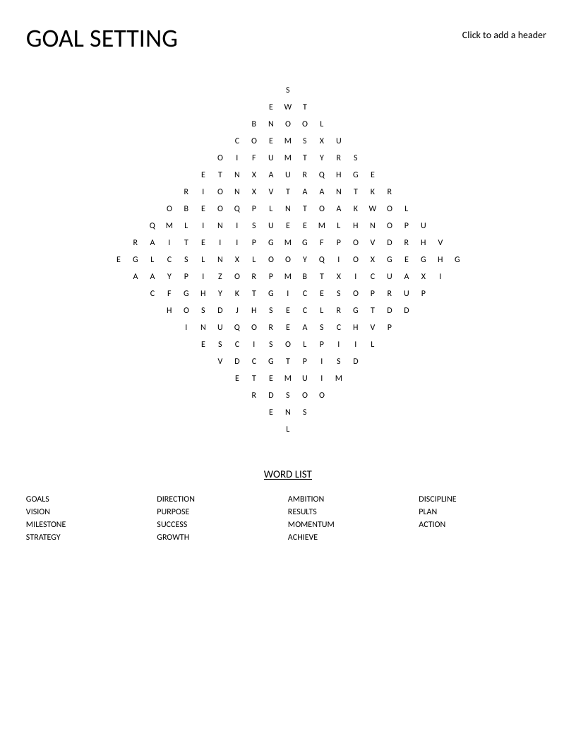 Diamond-shaped goal-setting word search with words like milestone, strategy, and ambition.
