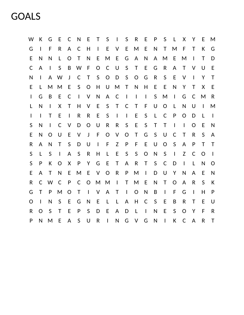 Goals word search with vocabulary including planning, milestones, persistence, and achievement.