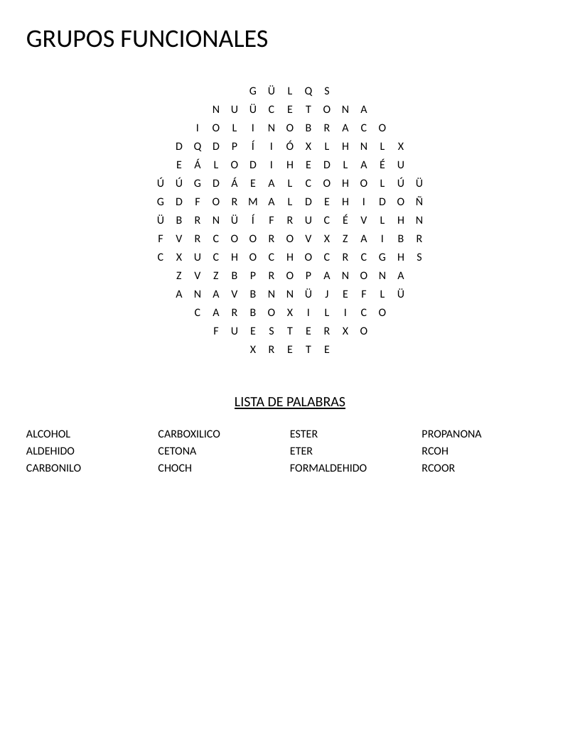 Circular Spanish organic chemistry word search with terms like aldehido, cetona, and ester.