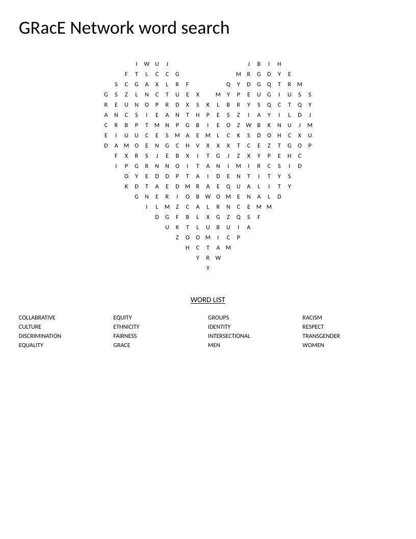 Heart-shaped GRacE Network word search with equity and social justice vocabulary.