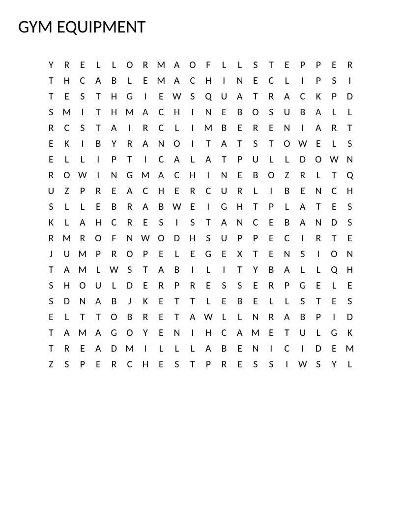 Gym equipment word search with fitness words like treadmill, kettlebells, and yoga mat.