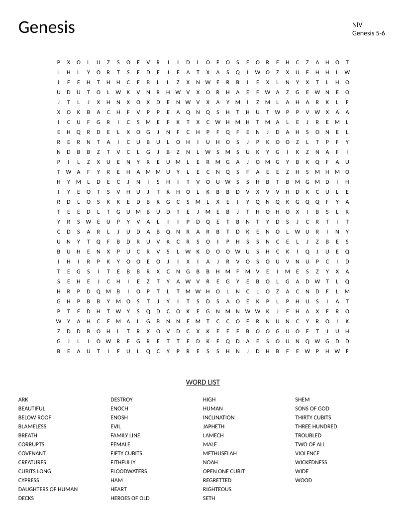 Genesis 5–6 Bible word search featuring Noah, Methuselah, ark, and covenant.