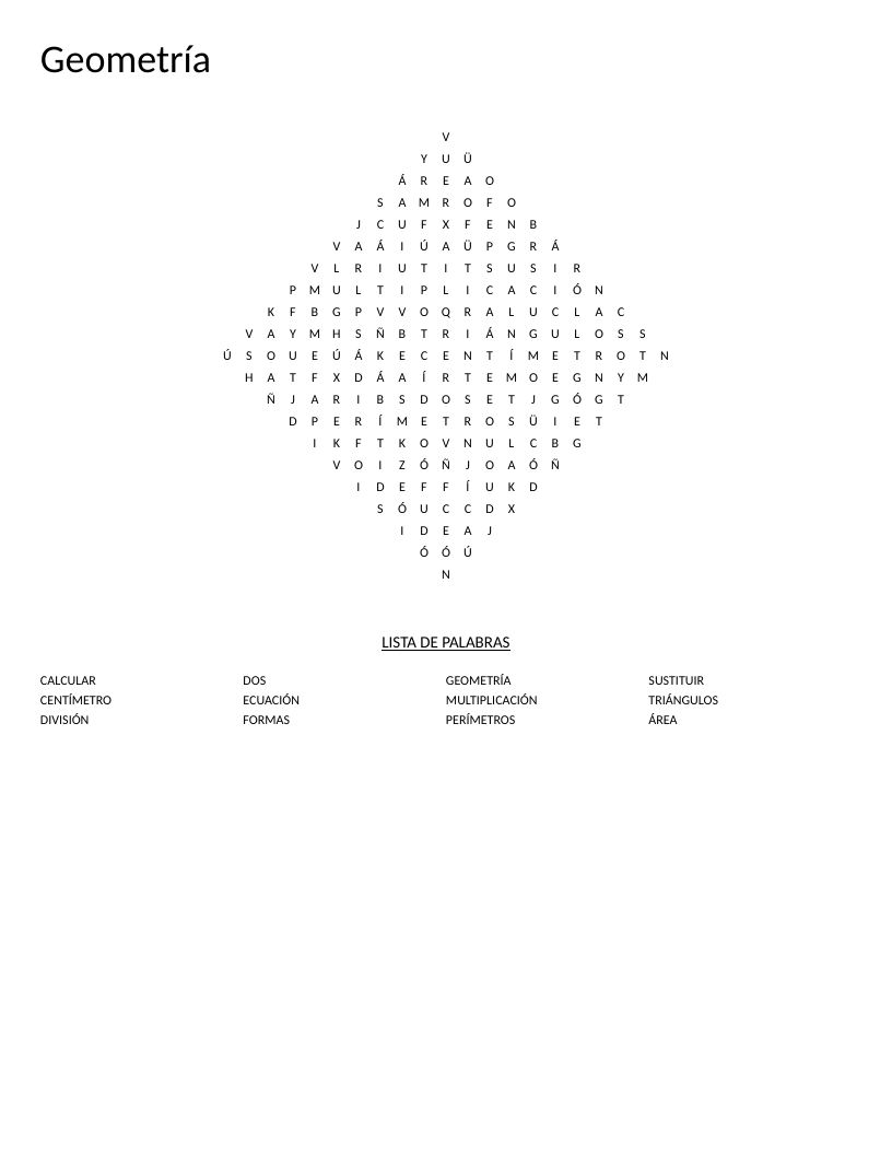 Diamond-shaped Spanish geometry word search with words like área, perímetros, and triángulos.