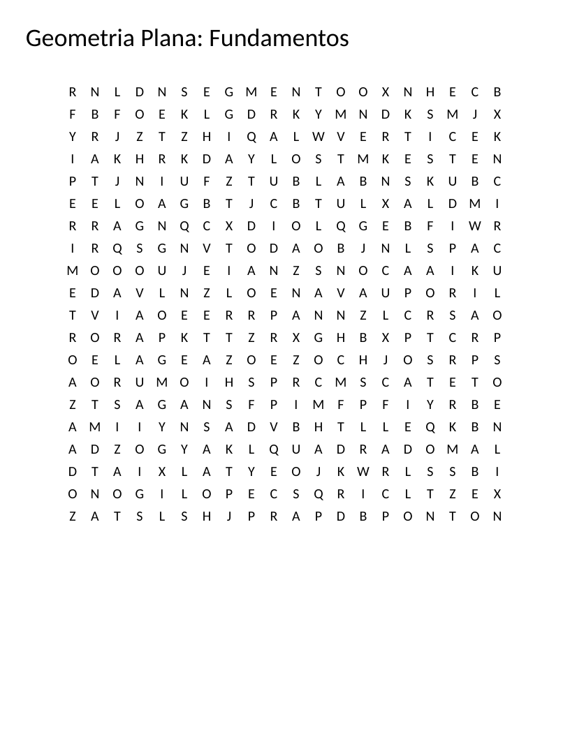 Portuguese plane geometry word search with terms like triângulo, quadrado, círculo, and perímetro.