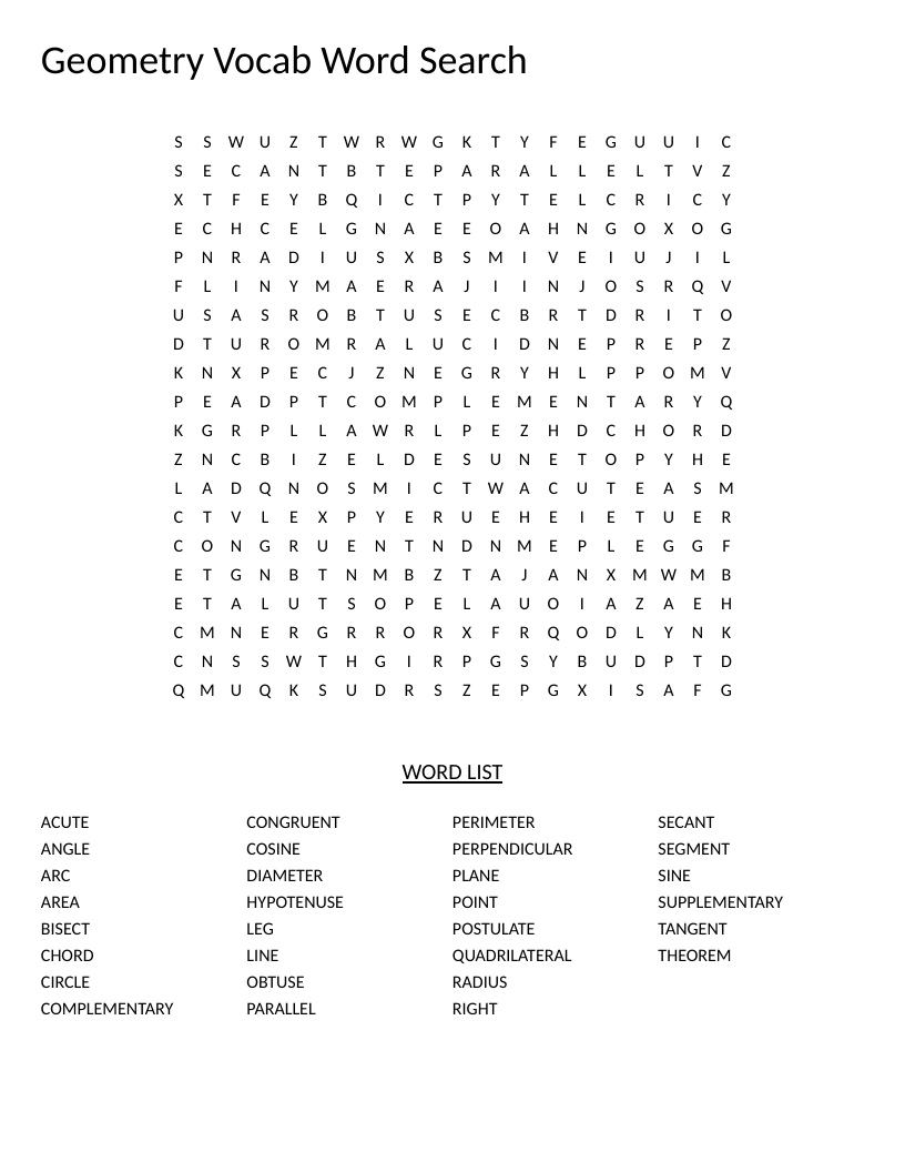 Geometry word search with vocabulary like angle, circle, perpendicular, and hypotenuse.