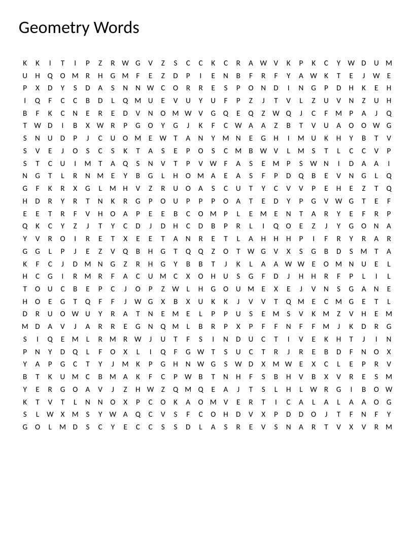 Geometry word search with terms like transversal, congruent, and parallel lines.