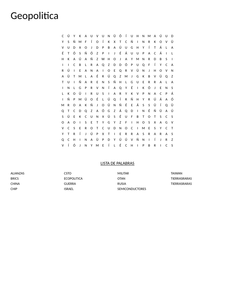 Spanish geopolitics word search with words like NATO, BRICS, Taiwan, and semiconductores.