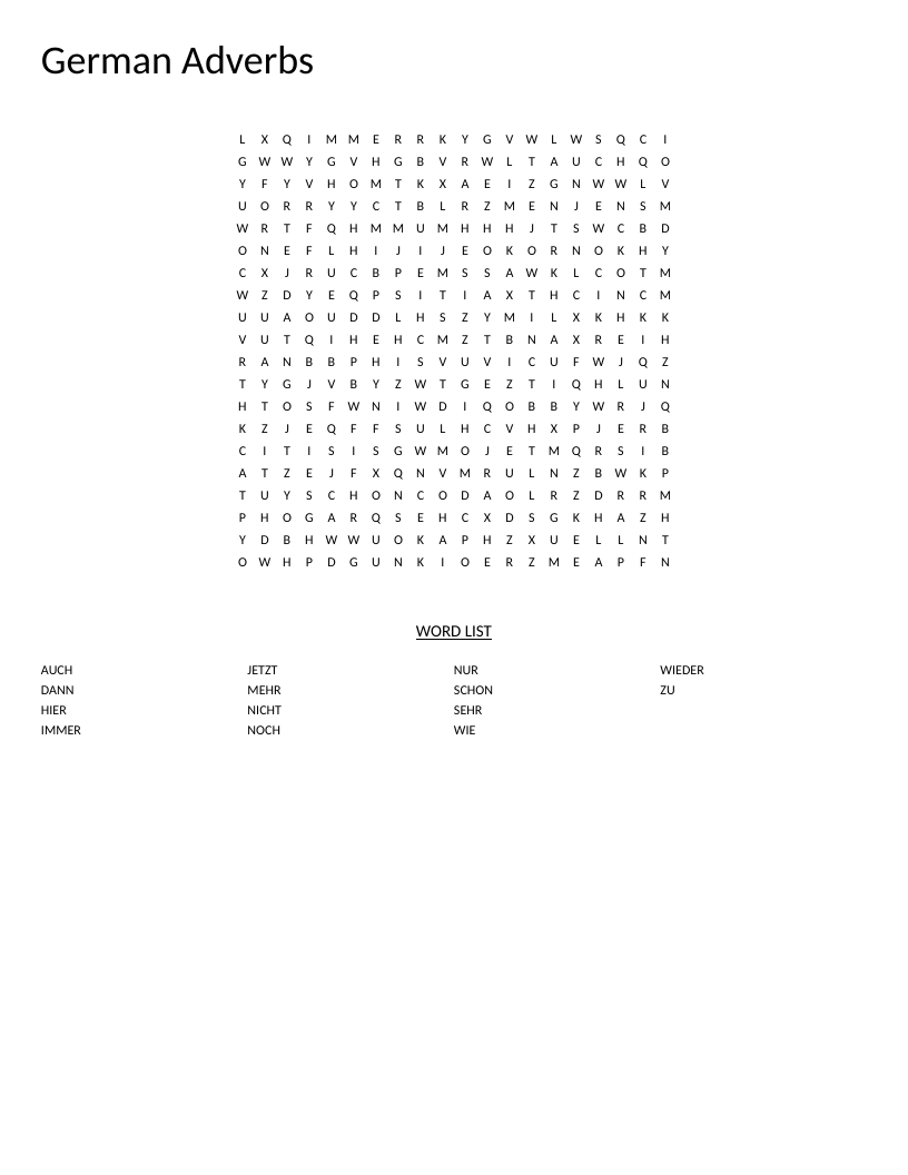 German adverbs word search with vocabulary including jetzt, immer, and schon.