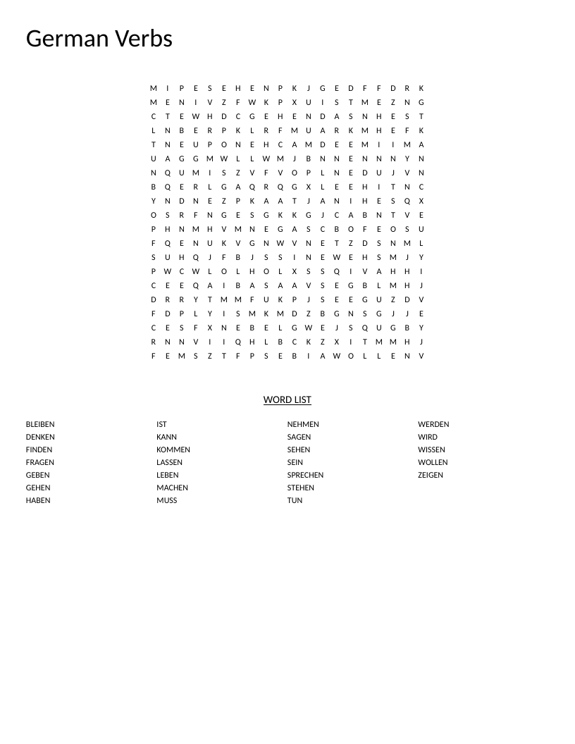 German verbs word search with essential vocabulary like sprechen, kommen, and haben.