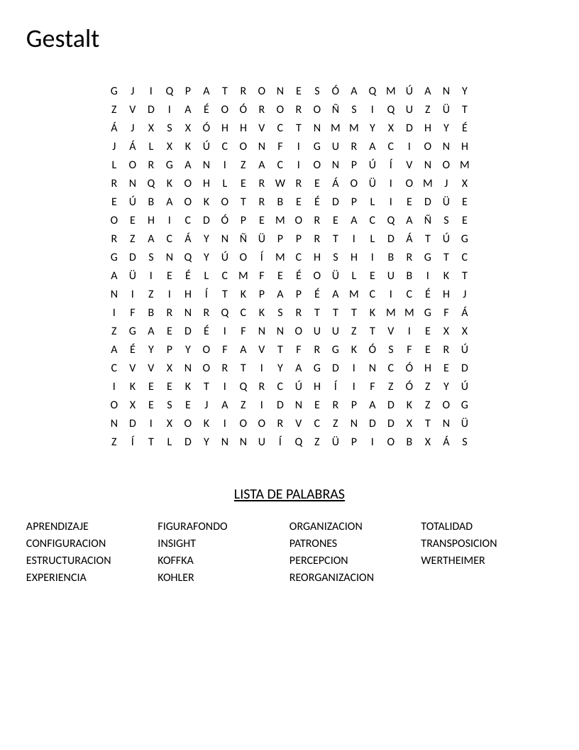 Gestalt psychology word search with Spanish terms like Wertheimer, percepción, and insight.