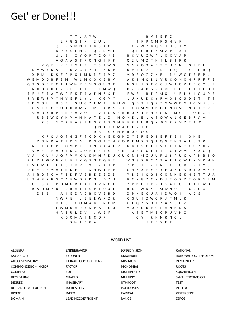 Clover-shaped algebra II word search with polynomial, asymptote, and synthetic division.