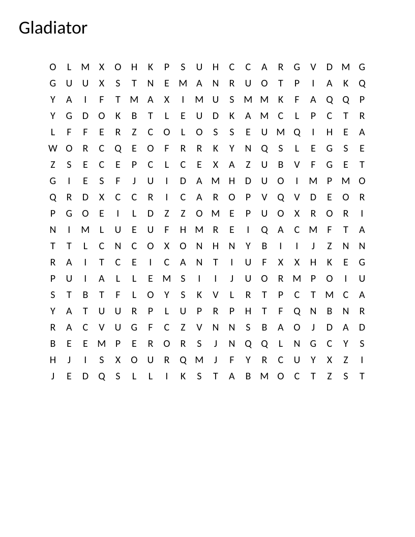 Gladiator word search with ancient Rome and film vocabulary including Maximus, Colosseum, and Proximo.