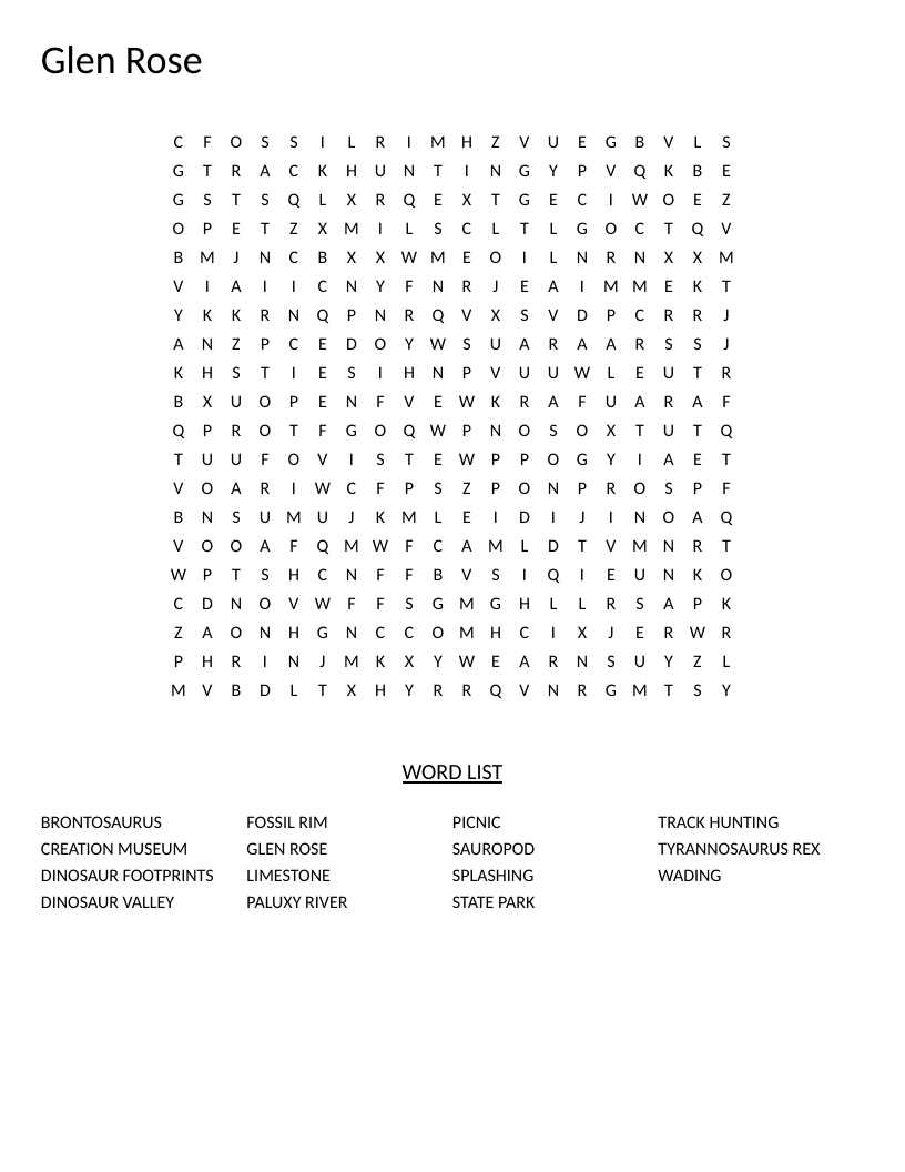 Glen Rose Dinosaur Valley word search with dinosaur footprints, Paluxy River, and Brontosaurus.