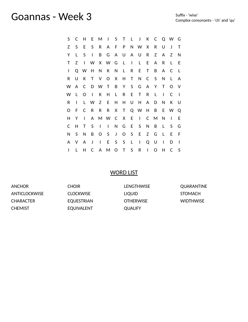Word search on -wise suffix and ch/qu consonant blends with words like clockwise and character.