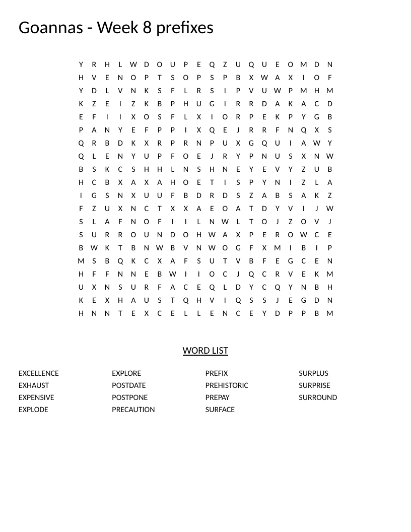 Prefixes word search with words like surprise, explore, prehistoric, and postdate.