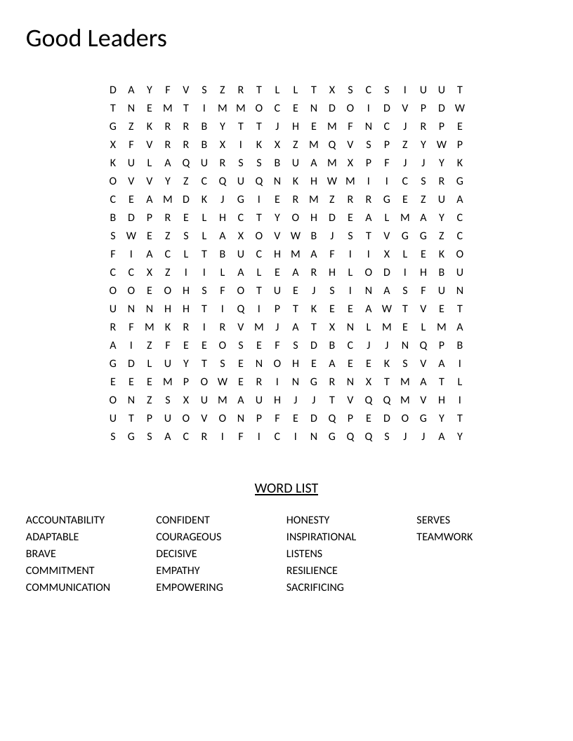 Leadership word search with qualities like accountability, empathy, resilience, and communication.