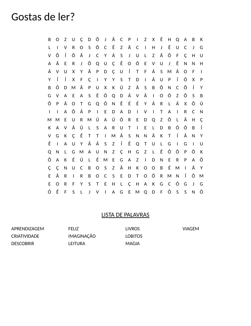 Portuguese word search with reading vocabulary including leitura, livros, and imaginação.