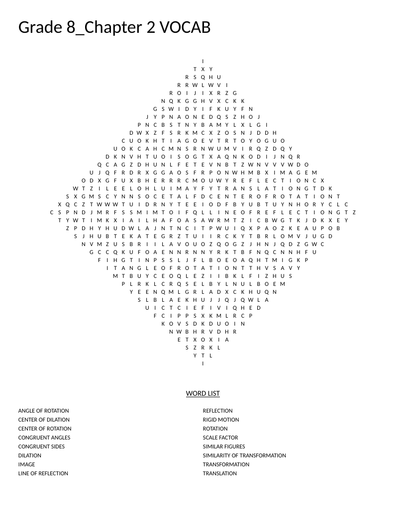 Grade 8 geometry word search with terms like dilation, reflection, and rotation in a diamond shape.