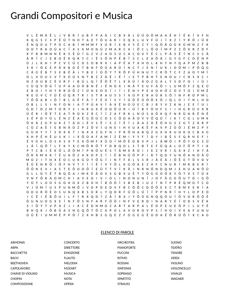 Italian classical music word search with composers Mozart, Beethoven, and terms like opera and orchestra.