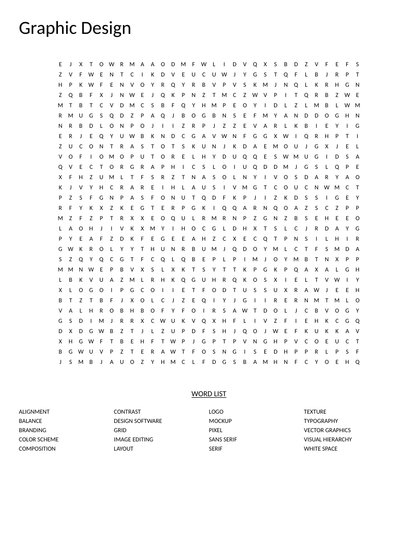 Graphic design word search with terminology including typography, layout, and branding.