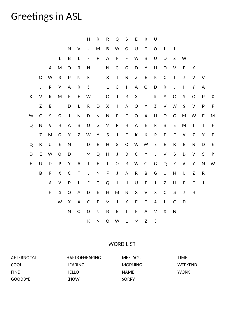Circle-shaped ASL word search with greetings including hello, goodbye, and morning.