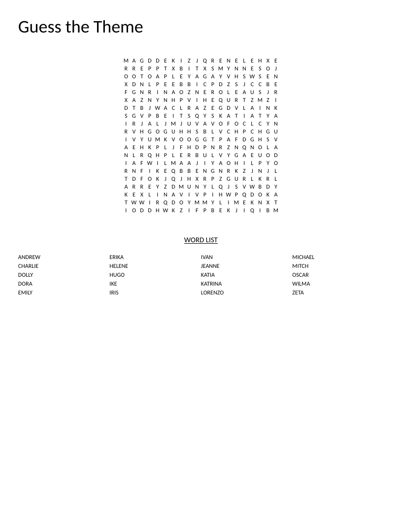 Hurricane names word search with Atlantic storm names including Katrina, Andrew, and Hugo.