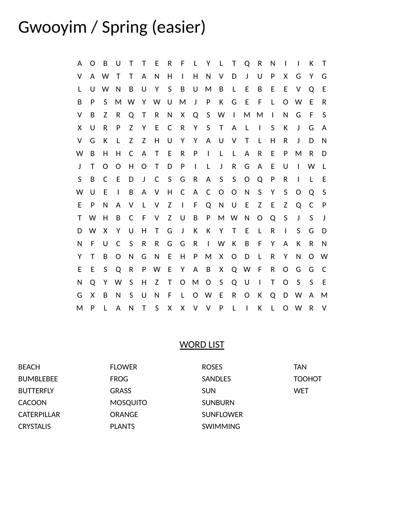 Spring word search with nature vocabulary like butterfly, caterpillar, and sunflower.