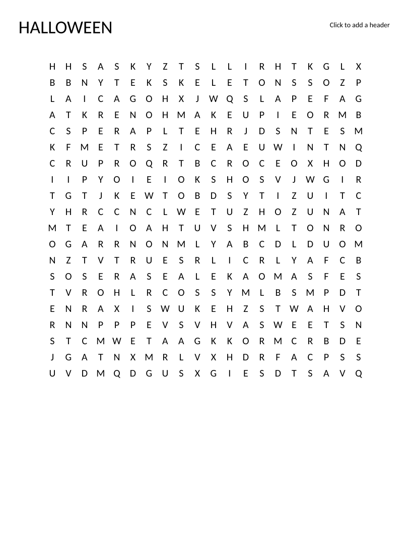 Halloween word search with spooky words like jack-o'-lantern, witches, pumpkins, and trick-or-treat.