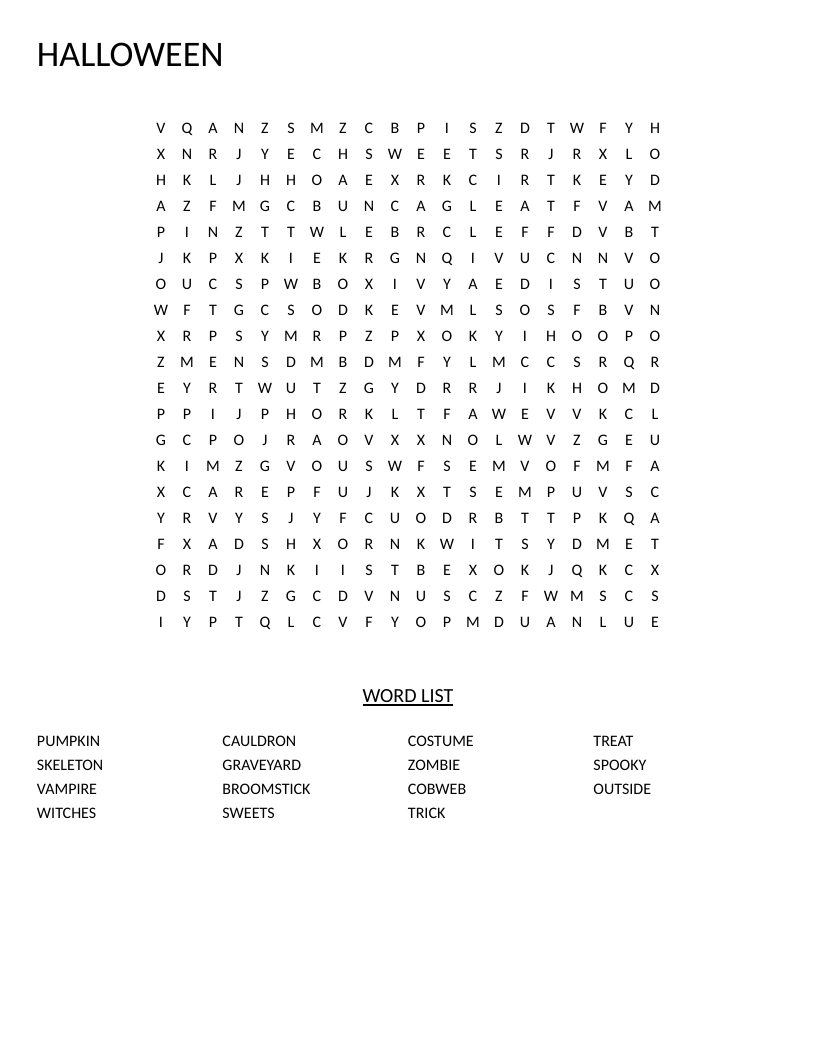 Halloween word search with pumpkins, skeletons, witches, vampires, and candy-themed words.