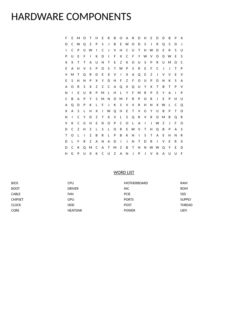 Hardware components word search with computer terminology including CPU, GPU, and motherboard.