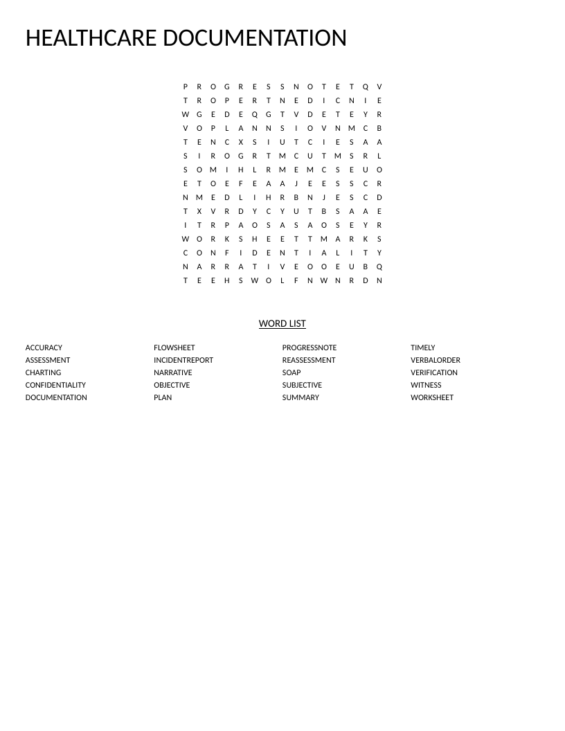 Healthcare documentation word search with medical charting terms like SOAP, flowsheet, and progressnote.