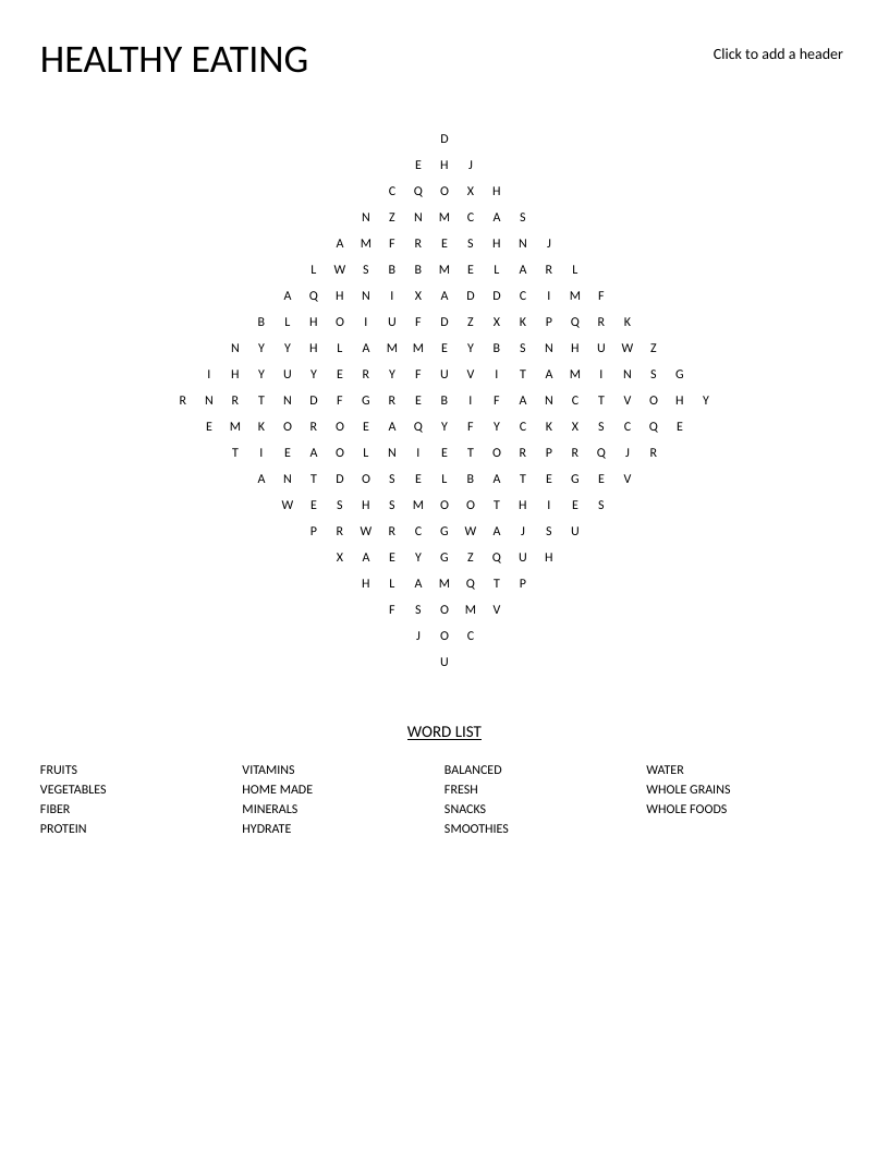 Healthy eating word search with nutrition vocabulary like fruits, vegetables, and protein in a diamond shape.