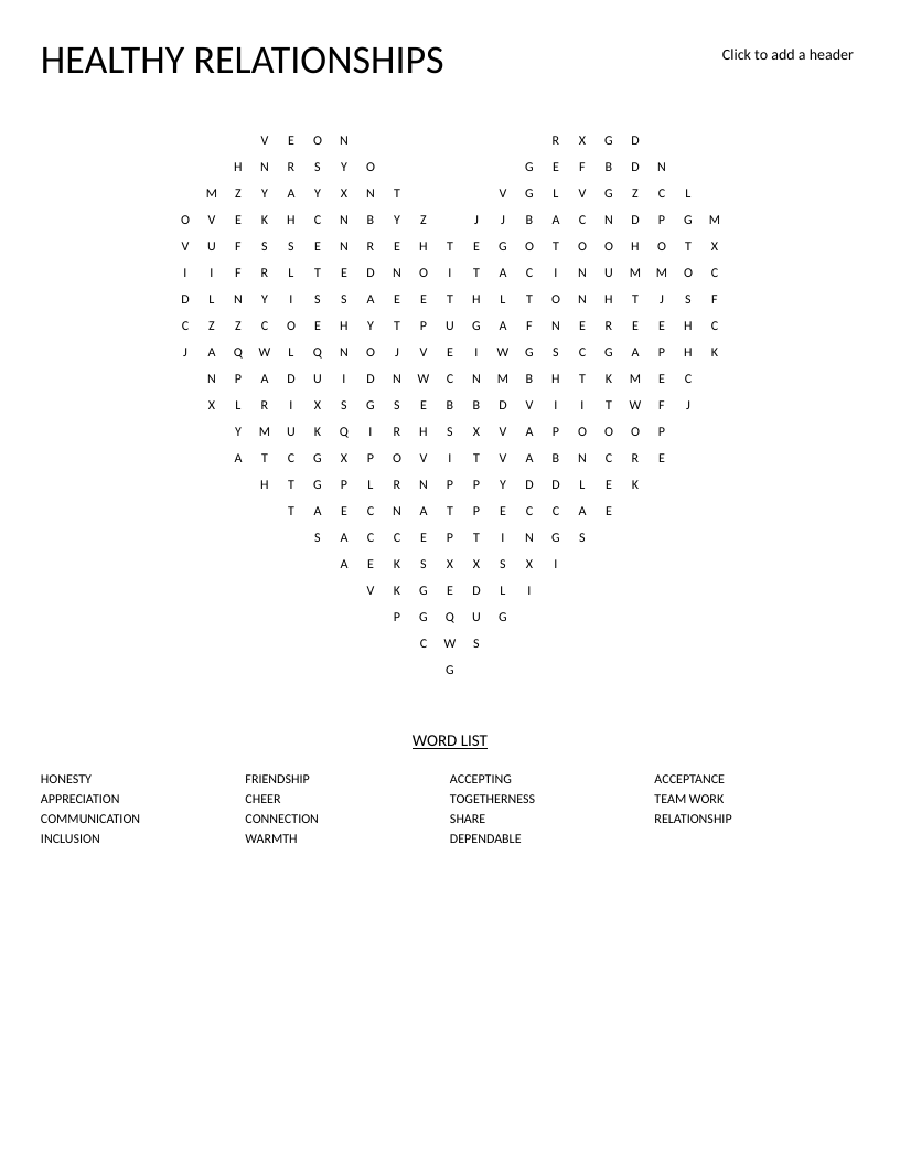 Heart-shaped healthy relationships word search with words like honesty, friendship, and communication.