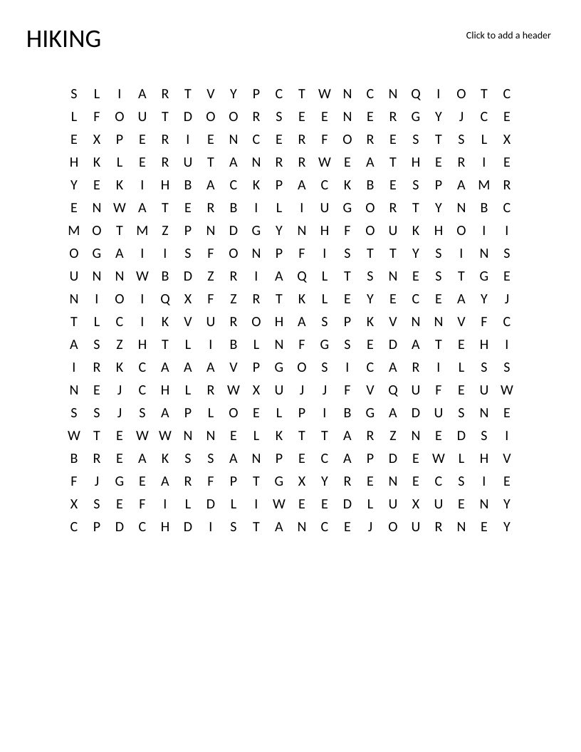 Hiking word search with words like trail, mountains, backpack, and wildlife.