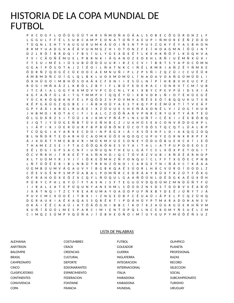 Spanish World Cup history word search with words like Maradona, Brasil, and campeonato.