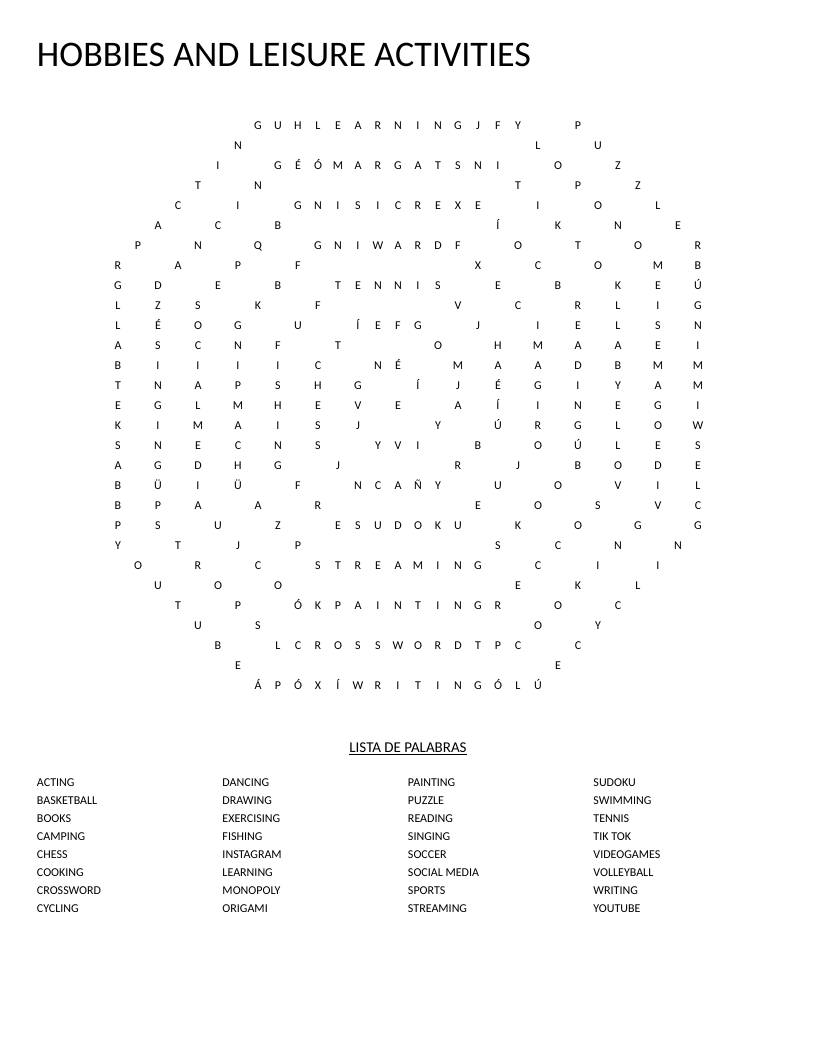 Spiral-shaped hobbies and leisure activities word search with words like reading, soccer, and video games.