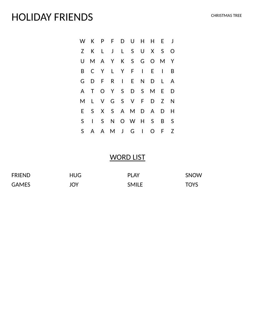 Christmas-themed word search for young learners with words like snow, smile, and joy.
