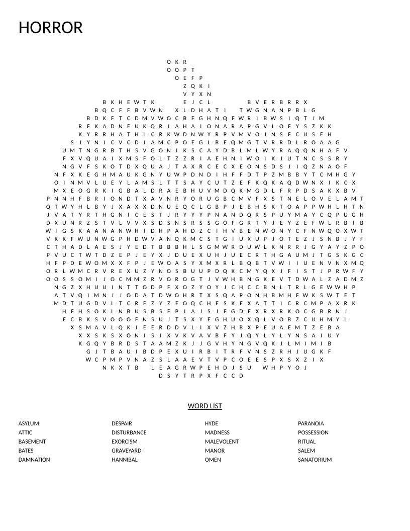 Pumpkin-shaped Halloween horror word search with words like paranoia, possession, and Salem.