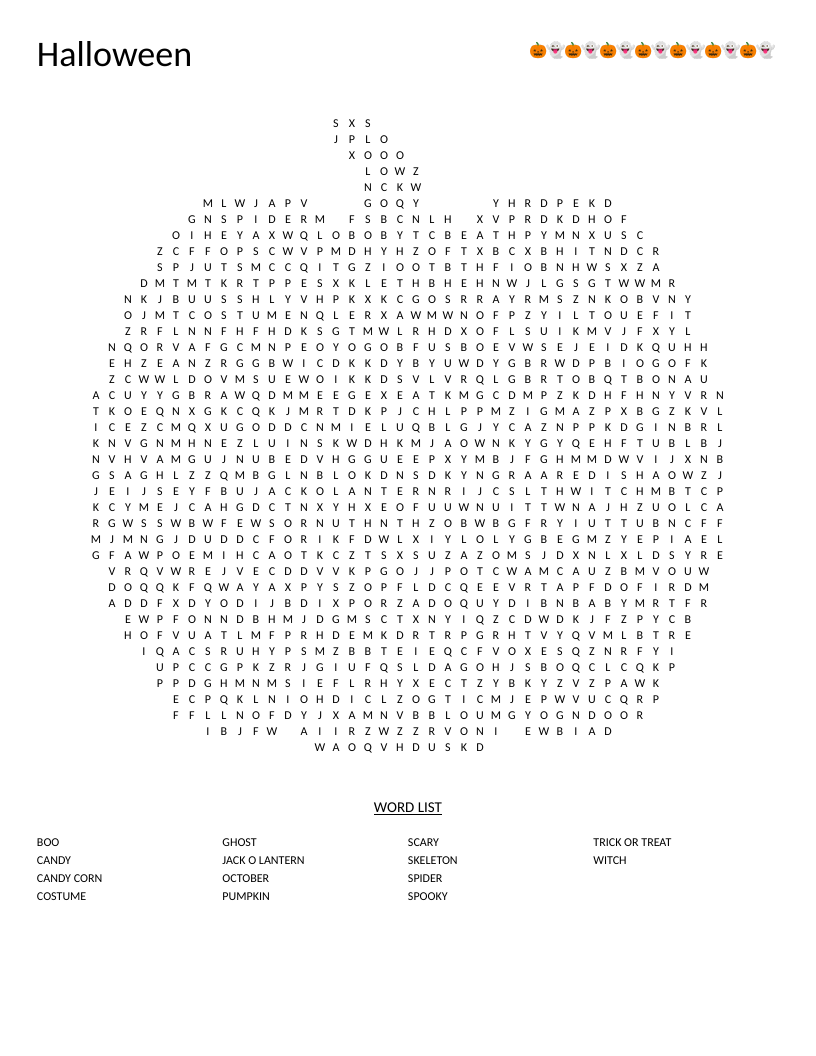 Pumpkin-shaped Halloween word search with words like jack-o'-lantern and trick-or-treat.