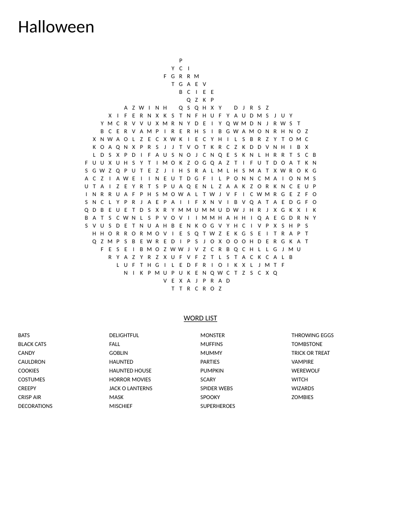Pumpkin-shaped Halloween word search with witch, trick-or-treat, and jack-o-lanterns.