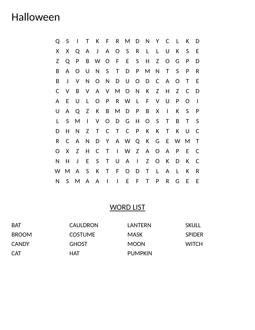 Halloween word search with pumpkin, witch, ghost, and candy.
